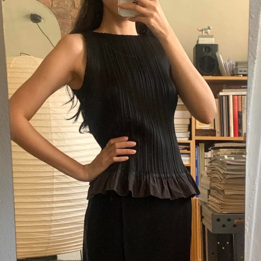 Issey Miyake Pleats Please Tank with Cotton Ruffle